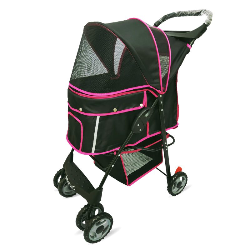 Foldable Pet Stroller 4 Wheel Black & Pink Trim